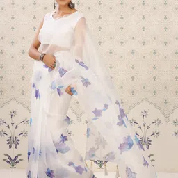 Ode by House of Pataudi White & Blue Floral Printed Organza Saree-image-61
