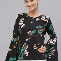 Style Quotient Women Black & Green Floral Printed Bell Sleeves Top-image-72