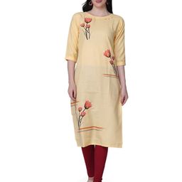 KALINI Women Yellow Floral Printed Thread Work Floral Pure Cotton Kurta-image-8