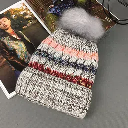 YOUSTYLO Adults Grey & Maroon Self Design Woolen Winter Pompom Cap-image-67