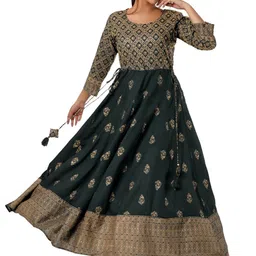 BAESD Ethnic Motifs Printed Round Neck Pleated Viscose Rayon A-Line Maxi Ethnic Dress-image-38