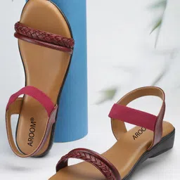 AROOM Braided Strap Leather Open Toe Flats-image-78