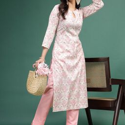 Sangria Floral Printed Cotton Notch Neck Straight Kurta-image-92