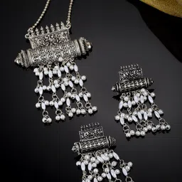 Arrabi Silver-Toned & White Oxidised Jewellery Set-picture-43