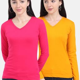 Fleximaa Women Mustard Yellow & Pink Pack Of 2 T-shirts-image-94