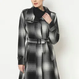 Owncraft Women Black & White Checked Woolen Coat-23