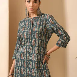 MEESAN Paisley Printed Mandarin Collar Pure Cotton Straight Kurti-image-51