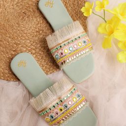 House of Pataudi Ethnic Embroidered Fabric Open Toe Flats-55