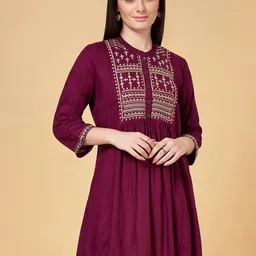 RANGMANCH BY PANTALOONS Ethnic Motifs Embroidered Mandarin Collar A-Line Kurti-23