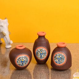 AAKRITI ART CREATIONS Set of 3 Brown Miniatures Warli Print Vases-7