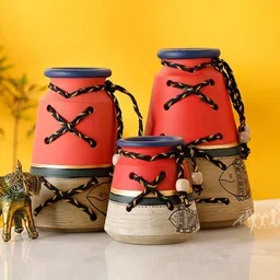 AAKRITI ART CREATIONS Earthen 3 Pcs Beige & Red Patterned Terracotta Vases-image-55