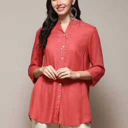 Biba Geometric Embroidered Mandarin Collar Mirror Work A-Line Kurti-picture-9