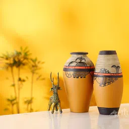 AAKRITI ART CREATIONS 2-Pcs Yellow & Black Madhubani Printed Terracotta Vases-image-88