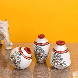 AAKRITI ART CREATIONS Set of 3 Silver-Toned & Red Warli Print Miniature Vases-19