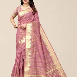 SERONA FABRICS Pink Floral Embroidered Silk Cotton Saree-10
