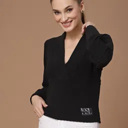 KASSUALLY Black Wrap V Neck Fitted Top-image-19