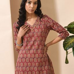 KALINI Floral Printed Lace Inserts Cotton Tunic-image-41