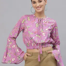 Style Quotient Women Purple Floral Print Tie-Up Neck Blouson Crop Top-image-71