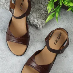 AROOM Women Leather Open Toe Flats With Backstrap-image-63