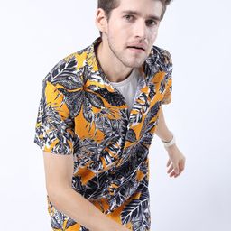 HIGHLANDER Men Mustard Slim Fit Floral Printed Casual Shirt-image-76
