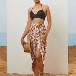 CMGE Tropical Printed Bow-Detailed Knee-Length Wrap Skirt-image-96