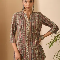 MEESAN Paisley Printed Mandarin Collar Kantha Work Pure Cotton Kurti-picture-58