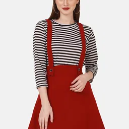 BUY NEW TREND Women Maroon Solid Pinafore Flared Skirt with Attached Suspenders-image-97