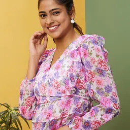 Globus Pink Floral Printed V-Neck Puff Sleeve Ruffled Georgette Wrap Top-image-60