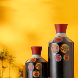 AAKRITI ART CREATIONS Set Of 2 Black & Gold Toned Madhubani Handcrafted Terracotta Vase-16