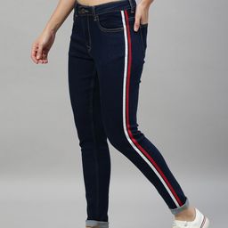Enviously Young Women Navy Blue Side Stripes Slim Fit Low Distress Stretchable Jeans-picture-7