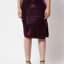 Orchid Blues Women Fuchsia Pink Solid Knee Length Straight Shimmer Skirts-image-29
