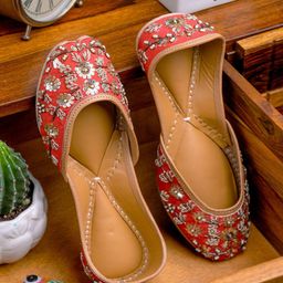 NR By Nidhi Rathi Women Red Hand embroidered & Embellished Mojaris Flats-image-87
