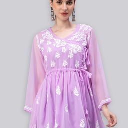 Seva Chikan Ethnic Motifs Embroidered Chikankari Angrakha A Line Kurti With Slip-image-46