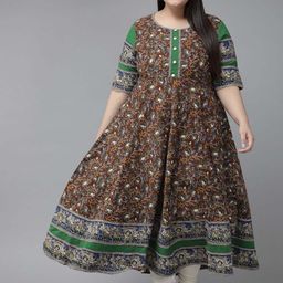 KALINI Plus Size Floral Printed Round Neck Short Sleeves Anarkali Cotton Kurta-32
