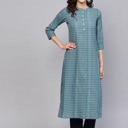 Libas Women Grey Striped Cotton Straight Kurta-33