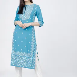 Vishudh Women Turquoise Blue & White Ethnic Motifs Printed Kurta-image-80