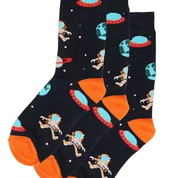 TOFFCRAFT Men Pack Of 3 Black & Orange Space Patterned Calf-Length Socks-15