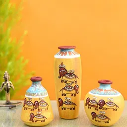 AAKRITI ART CREATIONS 3-Pcs Yellow Happy Elephant Scratched Printed Vases-image-63