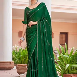 Kalista Green Beads and Stones Embellished Satin Saree-image-87