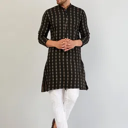 Armaan Ethnic Men Black Geometric Woven Design Cotton Kurta-58