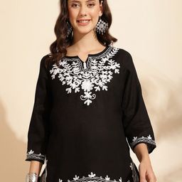 QUEENLEY Floral Embroidered Notch Neck Pure Cotton Straight Kurti-image-100