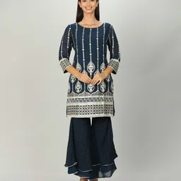 Mustard Blue & Gold-Toned Ethnic Motifs Embroidered Pure Georgette Kurti-1