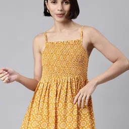 MALHAAR Women Yellow Floral Printed Square Neck Kantha Work Kantha Work Kurti-image-27