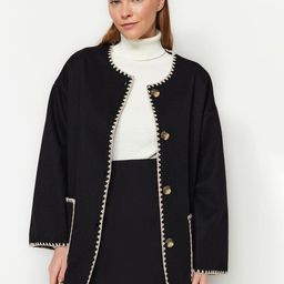 Trendyol Textured Single-Breasted Pure Cotton Overcoat-image-8