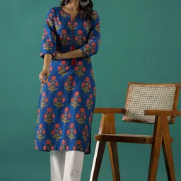 Sangria Red & Blue Floral Printed Notch Neck Pure Cotton Straight Kurta-image-20