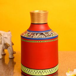 AAKRITI ART CREATIONS Red & Blue Madhubani Handcrafted Earthen Vase-image-26