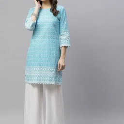 MIRAVAN Women Blue Floral Embroidered Kurta-image-27