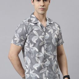 Bushirt Men Grey Comfort Striped Tropical Shirt-image-68
