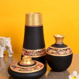 AAKRITI ART CREATIONS Set of 3 Black & Gold-Toned Madhubani Print Vases-3