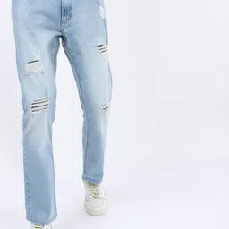 KETCH Men Blue Straight Fit Low Distress Heavy Fade Stretchable Jeans-image-54